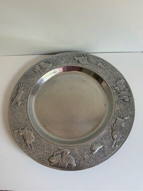 Vintage A. Court Designs 1980 Pewter Rabbit Bunny Floral Decorative Plate 14”